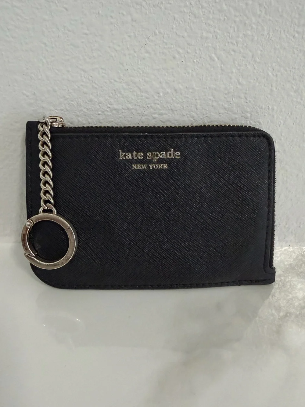 Kate Spade black leather zip card holder with silver key ring